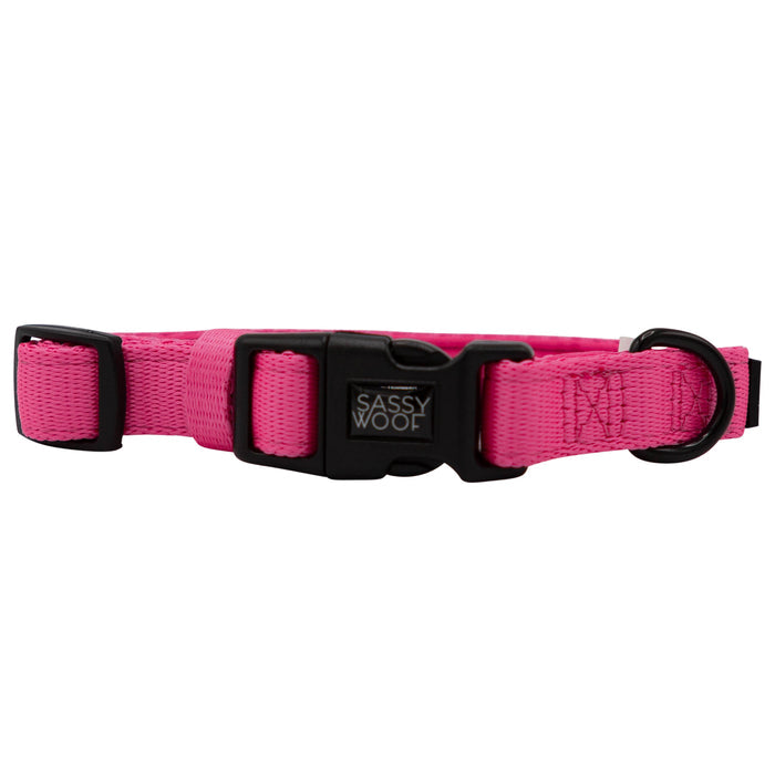 The Sassy Woof Dog Collar Three Piece Bundle in Neon Pink features a bright pink adjustable collar with a black plastic side-release buckle, durable nylon construction, a black D-ring, and a small tag displaying the Sassy Woof brand. Pair it with the matching leash and waste bag holder included in the bundle for stylish dog walks.