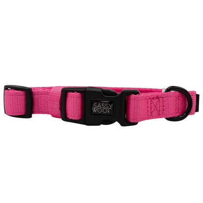 The Sassy Woof Dog Collar Three Piece Bundle in Neon Pink features a bright pink adjustable collar with a black plastic side-release buckle, durable nylon construction, a black D-ring, and a small tag displaying the Sassy Woof brand. Pair it with the matching leash and waste bag holder included in the bundle for stylish dog walks.