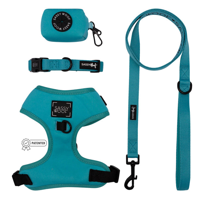 The Sassy Woof Dog Four Piece Bundle in Neon Blue includes a harness, adjustable collar, leash, and waste bag holder, all displayed neatly on a white background.