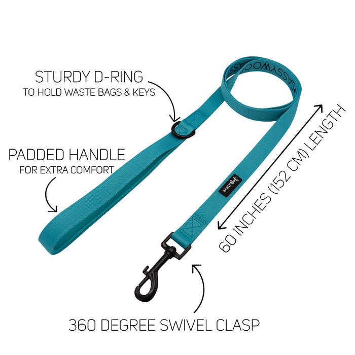 The Sassy Woof Dog Four Piece Bundle in Neon Blue features a sturdy D-ring for waste bags/keys, padded handle for comfort, 60-inch (152 cm) length, and 360° swivel clasp. Complements an adjustable dog collar—ideal for daily walks.