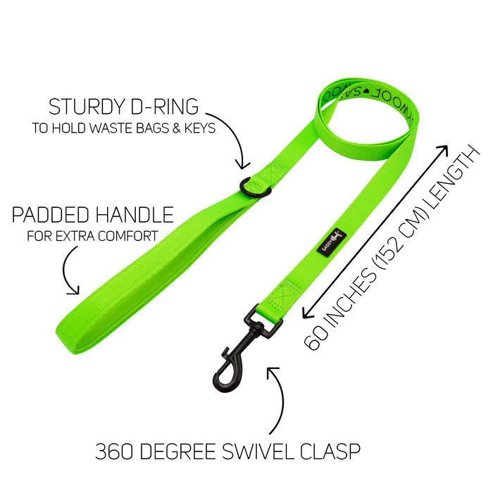 The Sassy Woof Dog Four Piece Bundle in Neon Green features a 60-inch dog leash with padded handle, sturdy D-ring, and swivel clasp. It pairs perfectly with the adjustable collar or neon green harness included in the bundle.