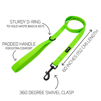 The Sassy Woof Dog Four Piece Bundle in Neon Green features a 60-inch dog leash with padded handle, sturdy D-ring, and swivel clasp. It pairs perfectly with the adjustable collar or neon green harness included in the bundle.