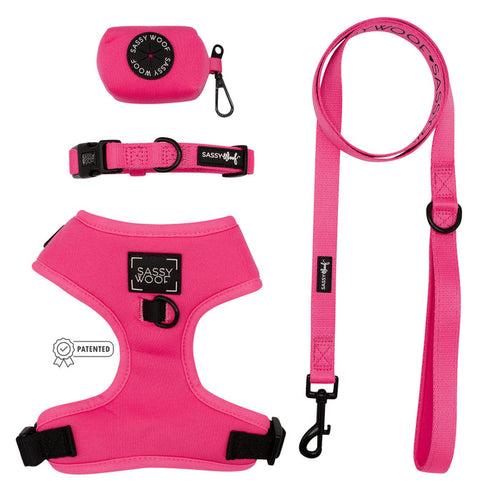 The Dog Four Piece Bundle - Neon Pink by Sassy Woof includes a harness, adjustable collar, leash, and matching bag, all with black hardware and Sassy Woof branding on a white label.