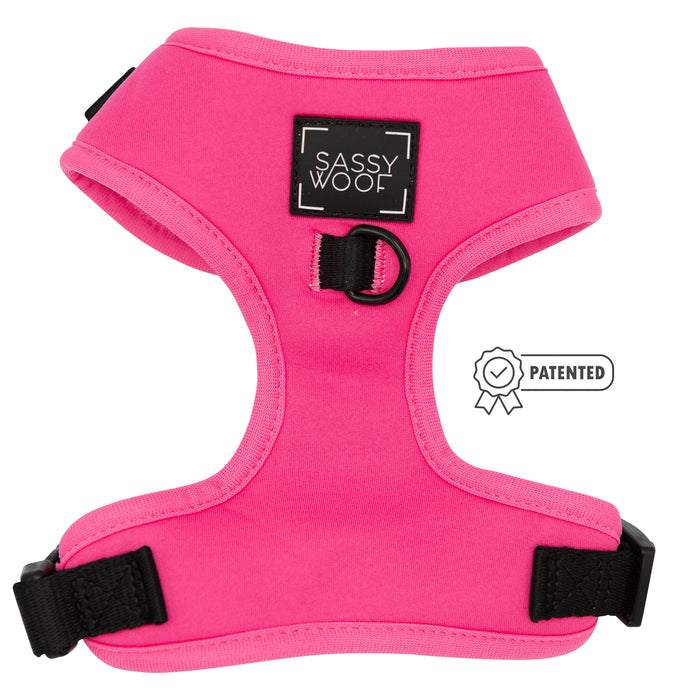 The Sassy Woof Dog Four Piece Bundle in Neon Pink features black buckles, a front black ring, and a signature patch. Pair with our adjustable collar or add the puppy growth protection plan for extra peace of mind.