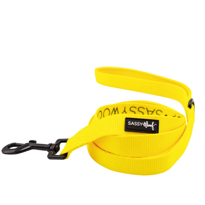 The Sassy Woof Dog Four Piece Bundle in Neon Yellow features a vibrant leash with a black clasp and label, shown coiled on white—perfectly complementing our adjustable collar for stylish comfort.