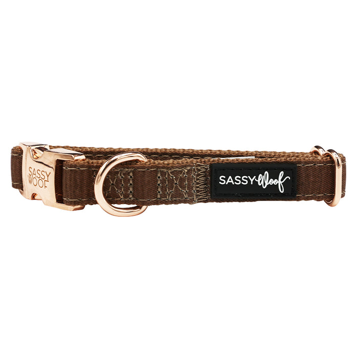 The Sassy Woof Dog Four Piece Bundle - Teddy includes a brown fabric collar with rose gold buckle, metal D-ring, reinforced stitching, and black Sassy Woof tag—perfect to pair with the adjustable harness.