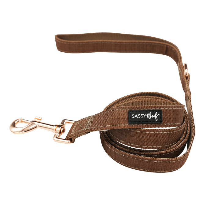 The Sassy Woof Dog Four Piece Bundle - Teddy includes a brown leash with a metal hook, ideal for stylish walks and pairing with our adjustable harness or teddy collection.