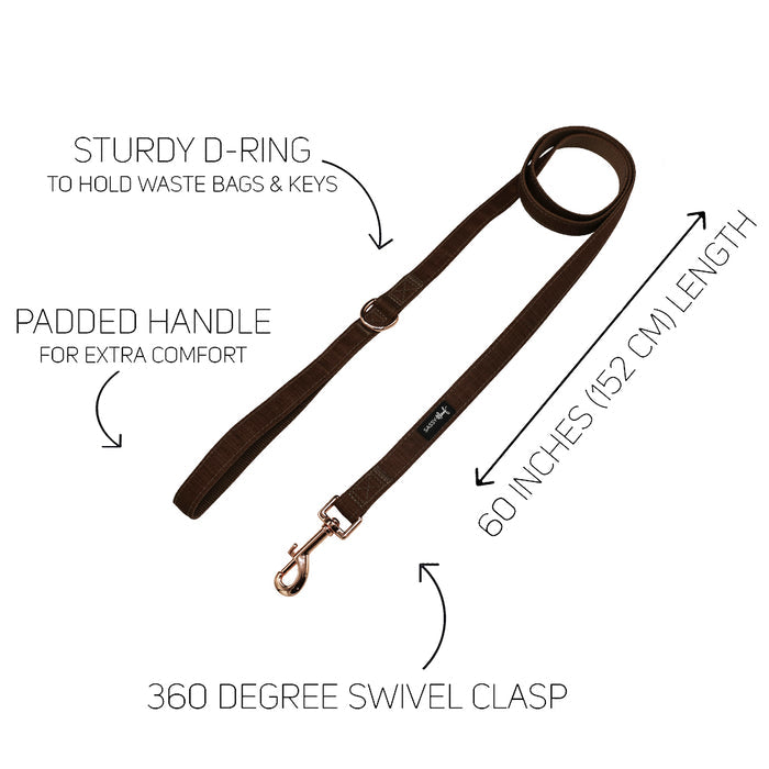 The Sassy Woof Dog Four Piece Bundle - Teddy includes a 60-inch brown leash with padded handle, sturdy D-ring, and 360° swivel clasp, featuring labeled text and arrows. Pairs perfectly with our adjustable harness from the teddy collection.