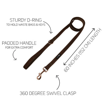 The Sassy Woof Dog Four Piece Bundle - Teddy includes a 60-inch brown leash with padded handle, sturdy D-ring, and 360° swivel clasp, featuring labeled text and arrows. Pairs perfectly with our adjustable harness from the teddy collection.
