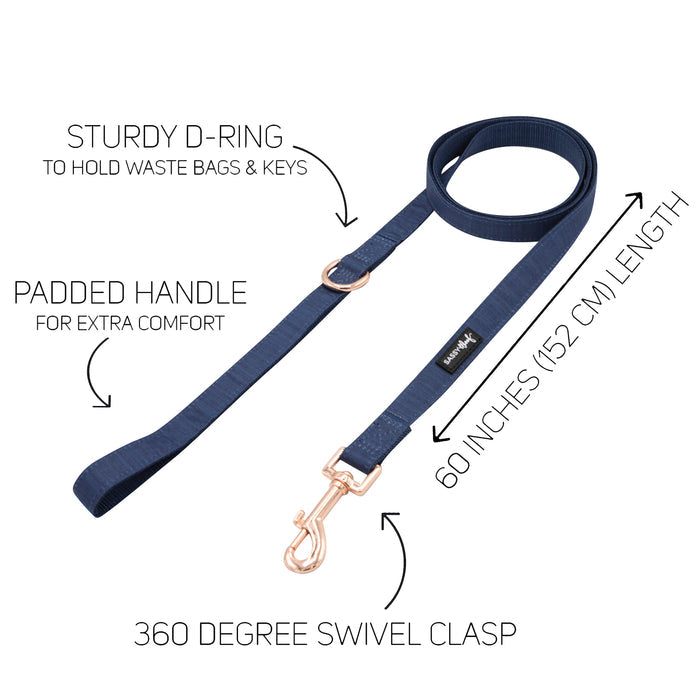 The Sassy Woof Dog Four Piece Bundle - Twilight features a navy blue leash with padded handle, sturdy D-ring, 360° swivel clasp, and measures 60" (152 cm). Text annotations highlight each feature. Perfect to pair with an adjustable harness.