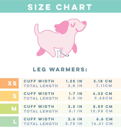 Find your ideal fit with our Sassy Woof Dog Leg Warmers - Blue. Size chart (XS, S, M, L) shows cuff width and total length in inches/cm. Cozy acrylic keeps pups warm—perfect cold weather accessory for dogs!.