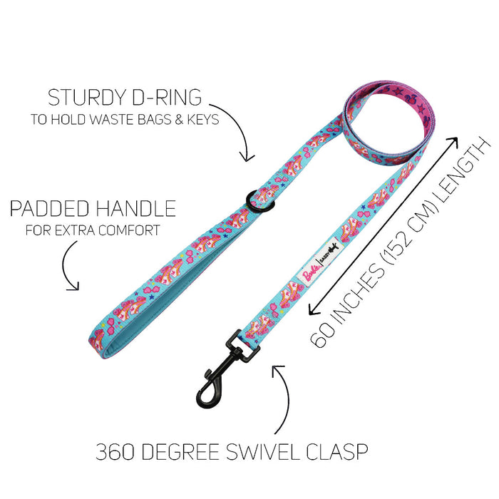 The Sassy Woof Dog Two Piece Bundle - BARBIE™ On a Roll features a padded handle, sturdy D-ring for keys or bags, and a 360° swivel clasp. The 60-inch leash is shown on a white background with arrows highlighting each feature.