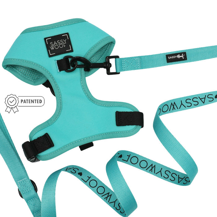 The Sassy Woof Dog Two Piece Bundle - Neon Blue includes an adjustable harness and matching leash with logo details, black accents, and a left-side Patented badge—ideal for comfort throughout your puppy’s growth.
