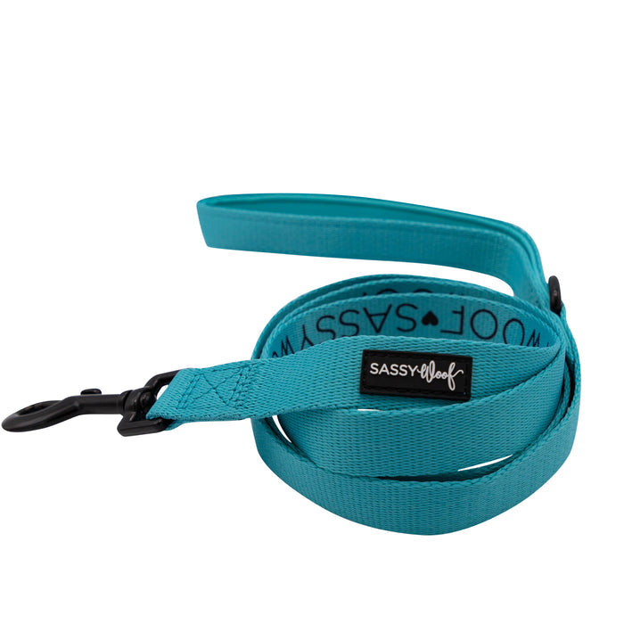 The Sassy Woof Dog Two Piece Bundle in Neon Blue, featuring a leash with a black metal clasp and matching adjustable harness, is coiled neatly together against a white background.