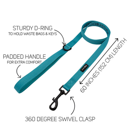 The Sassy Woof Dog Two Piece Bundle in Neon Blue includes a 60-inch leash with a sturdy D-ring, padded handle, and 360° swivel clasp—perfectly paired with an adjustable harness for secure, comfortable walks.