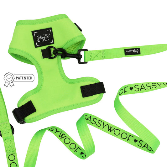 The Sassy Woof Dog Two Piece Bundle – Neon Green is an adjustable harness and leash set, perfect for daily walks, ensuring a comfy fit as your pup grows.