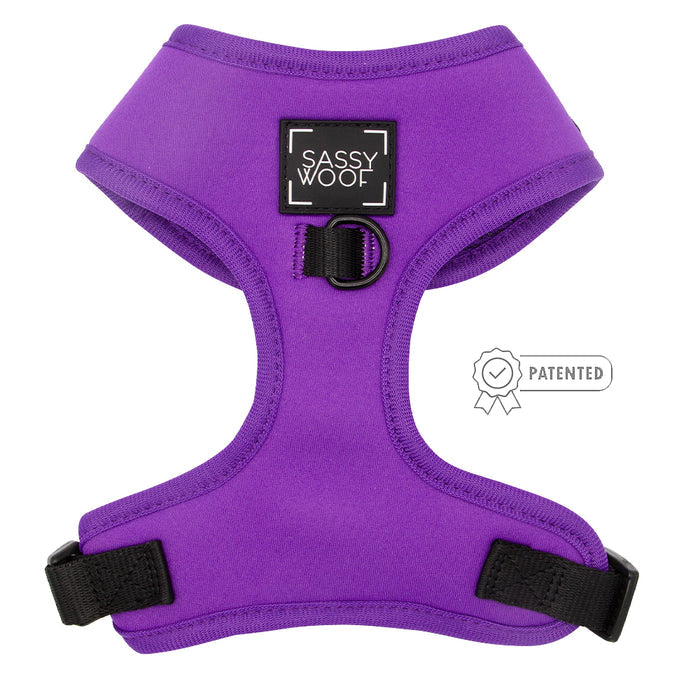 A Neon Purple Dog Two Piece Bundle by Sassy Woof features an adjustable harness with black buckles and a black Sassy Woof label, plus a Patented badge for assured comfort and style.
