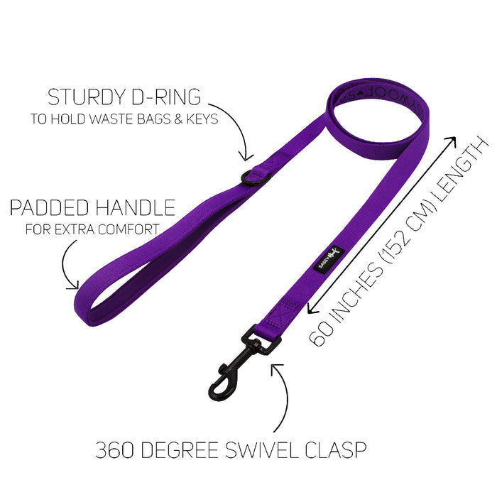 The Sassy Woof Dog Two Piece Bundle in Neon Purple features a sturdy D-ring for bags/keys, padded handle for comfort, and a 360° swivel clasp. Pairs with an adjustable harness for secure walks. Shown fully extended on a white background.