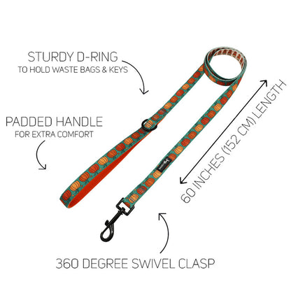 The Sassy Woof Dog Two Piece Bundle - Pie There features a colorful leash with sturdy D-ring, 360° swivel clasp, and 60" length. Pairs perfectly with our Adjustable Harness for comfort and security as your pup grows.