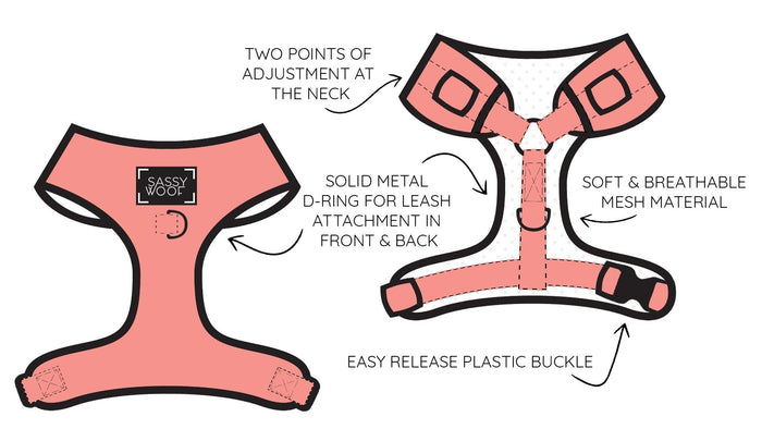 Diagram of the Sassy Woof Dog Two Piece Bundle - Under the Mistletoe: pink adjustable harness with two neck adjustment points, solid metal D-rings for front/back leash attachment, soft mesh, and an easy-release plastic buckle.