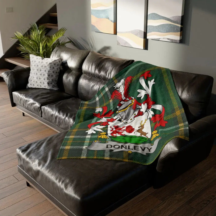 Donlevy Family Crest Green Tartan Throw Blanket