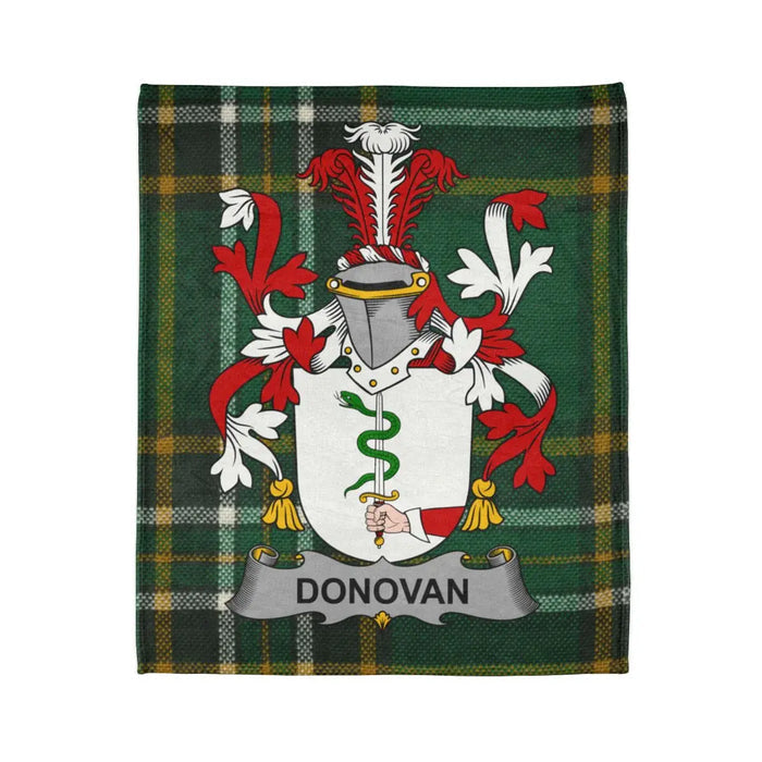 Donovan family crest throw blanket in the Irish National Tartan design, 50 by 60 inches