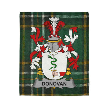 Donovan family crest throw blanket in the Irish National Tartan design, 50 by 60 inches