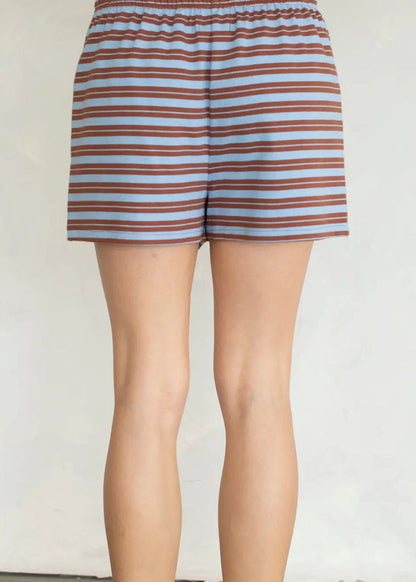 Double Striped Drawstring Shorts - Brown & Light Blue