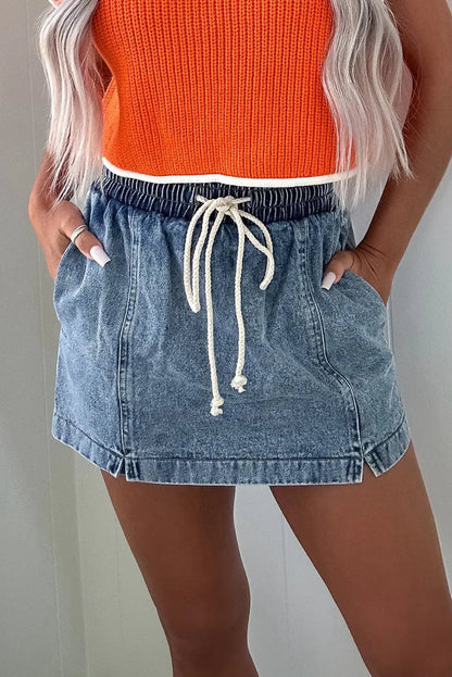 Dusk Blue Drawstring High Waist Pocketed Denim Shorts Skort - Skirts/Skort
