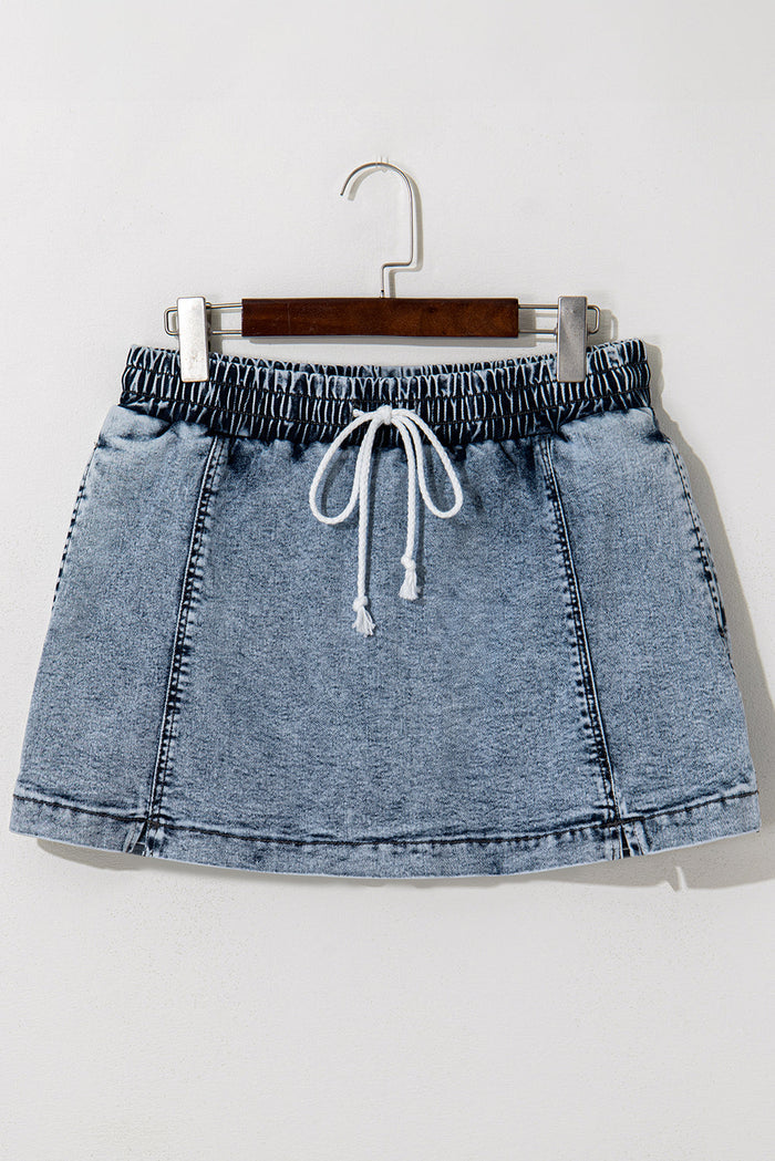 Dusk Blue Drawstring High Waist Pocketed Denim Shorts Skort - Skirts/Skort