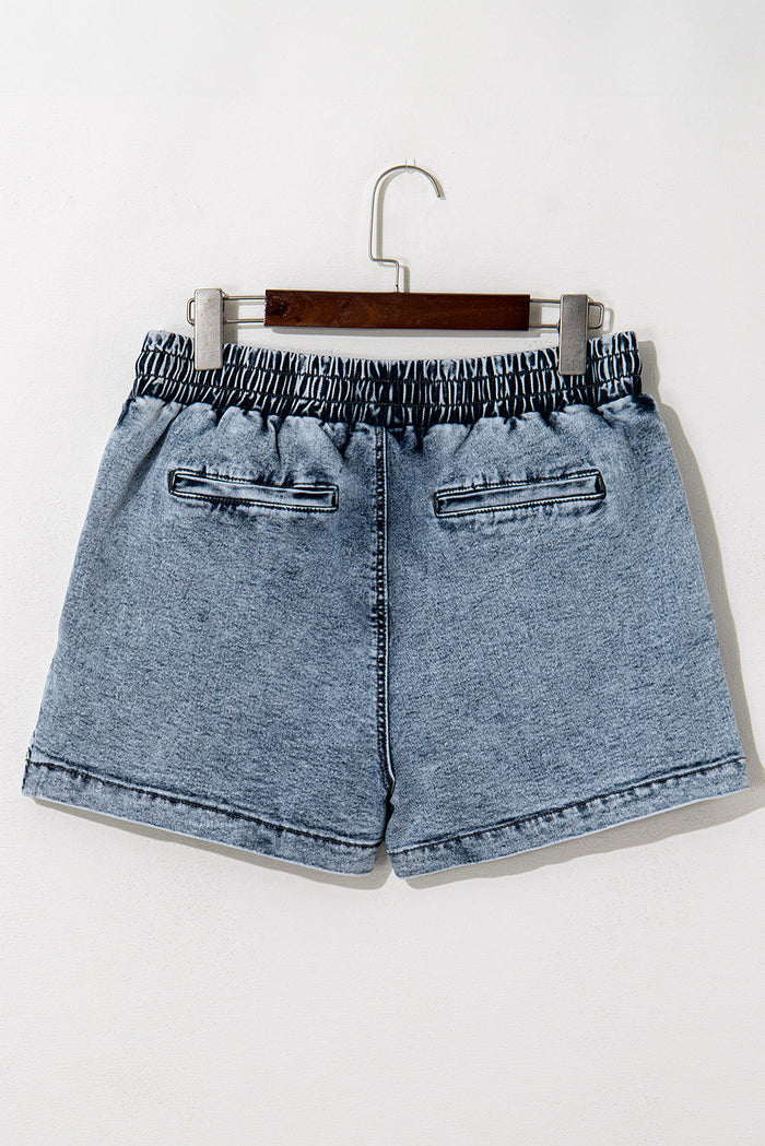 Dusk Blue Drawstring High Waist Pocketed Denim Shorts Skort - Skirts/Skort
