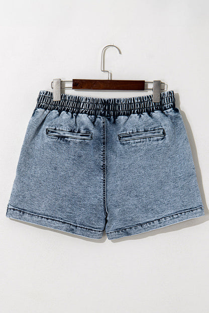 Dusk Blue Drawstring High Waist Pocketed Denim Shorts Skort - Skirts/Skort