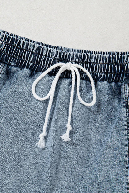Dusk Blue Drawstring High Waist Pocketed Denim Shorts Skort - Skirts/Skort