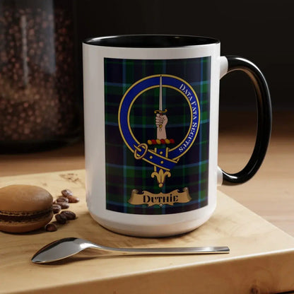 Close-up of the Duthie clan crest printed on a ceramic mug