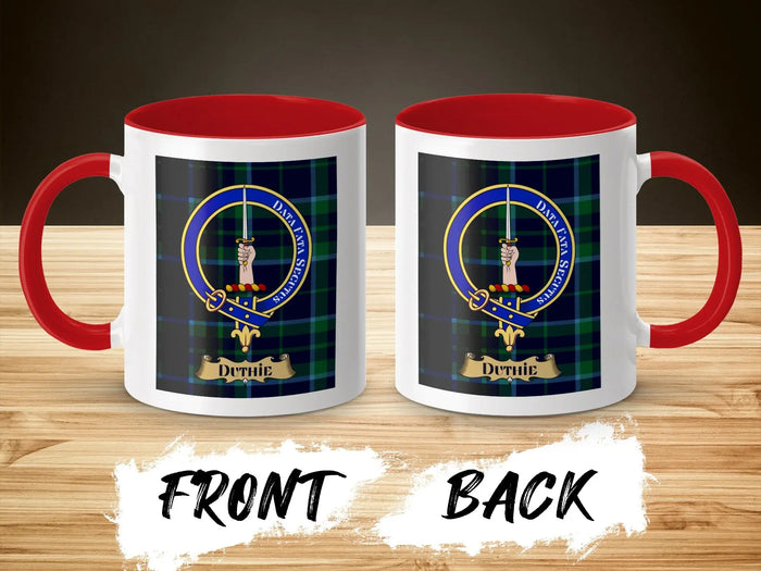 Duthie tartan-background crest mug shown as a Scottish heritage gift