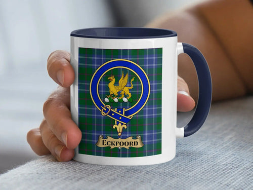 Eckfoord family crest coffee mug with a tartan-background design