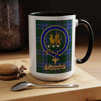 Close-up of the Eckfoord clan crest printed on a ceramic mug