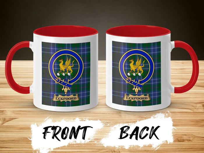Eckfoord tartan-background crest mug shown as a Scottish heritage gift