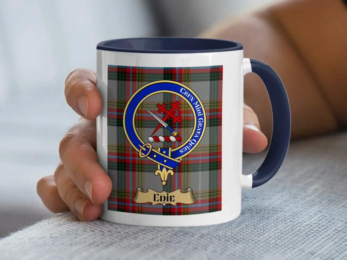 Edie family crest coffee mug with a tartan-background design