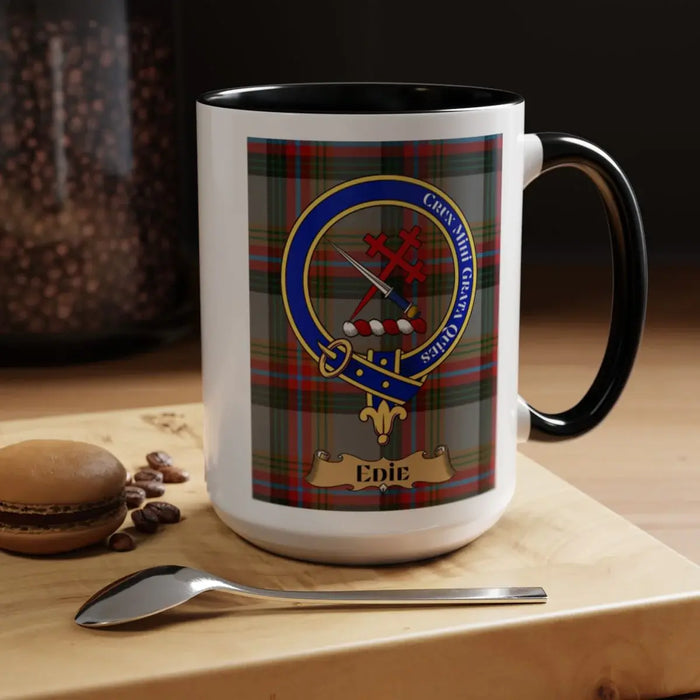 Close-up of the Edie clan crest printed on a ceramic mug