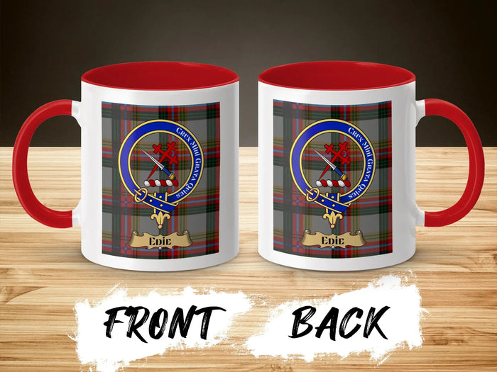 Edie tartan-background crest mug shown as a Scottish heritage gift