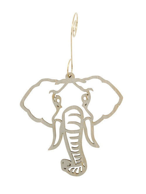 Elephant wood Christmas ornament with trunk and ear detail, made in USA