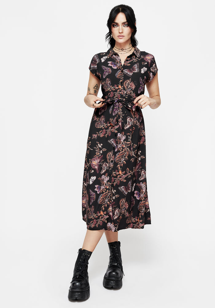Eloise Floral Butterfly Print Button Up Midi Dress