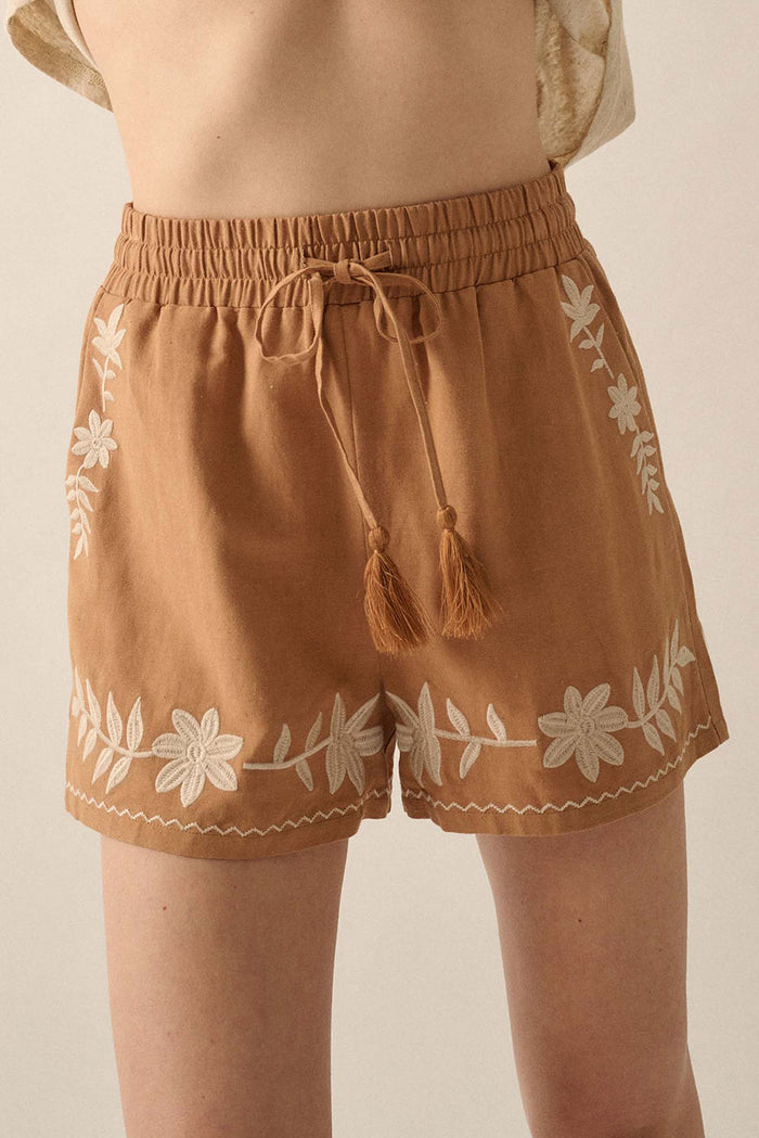 Embroidered Boho Tasseled Drawstring Elastic Waist Casual shorts - Khaki / S / 100% Cotton - Bottoms/Casual Shorts