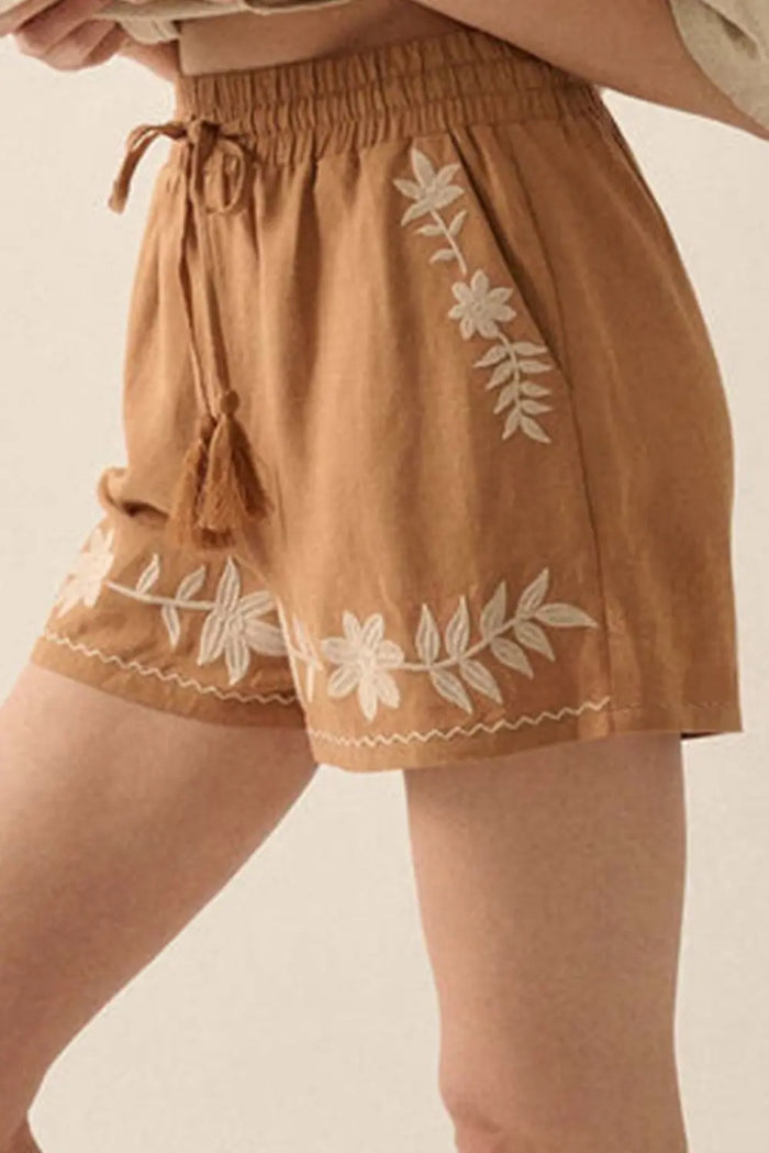 Embroidered Boho Tasseled Drawstring Elastic Waist Casual shorts - Bottoms/Casual Shorts