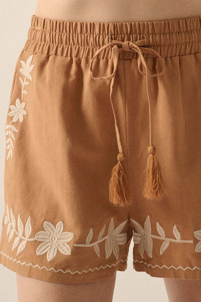Embroidered Boho Tasseled Drawstring Elastic Waist Casual shorts - Bottoms/Casual Shorts