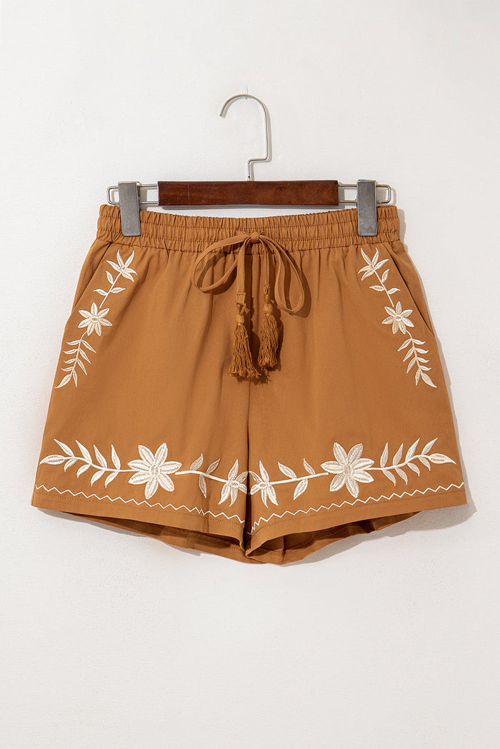 Embroidered Boho Tasseled Drawstring Elastic Waist Casual shorts - Bottoms/Casual Shorts
