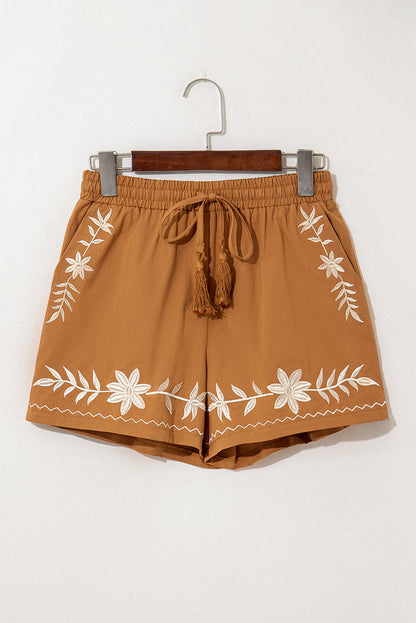 Embroidered Boho Tasseled Drawstring Elastic Waist Casual shorts - Bottoms/Casual Shorts