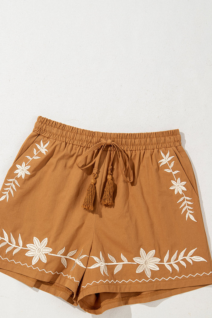 Embroidered Boho Tasseled Drawstring Elastic Waist Casual shorts - Bottoms/Casual Shorts