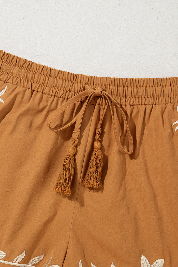Embroidered Boho Tasseled Drawstring Elastic Waist Casual shorts - Bottoms/Casual Shorts
